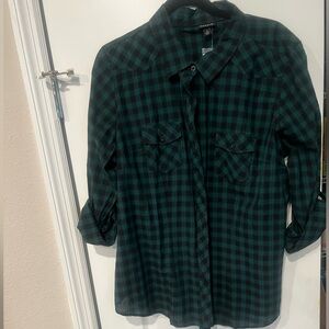 Torrid long sleeve green and black plaid shirt
